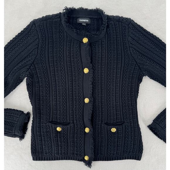 Express Black Sweater Jacket Lady Gold Button Knit Cardigan M Grannycore NWOT - Picture 2 of 9